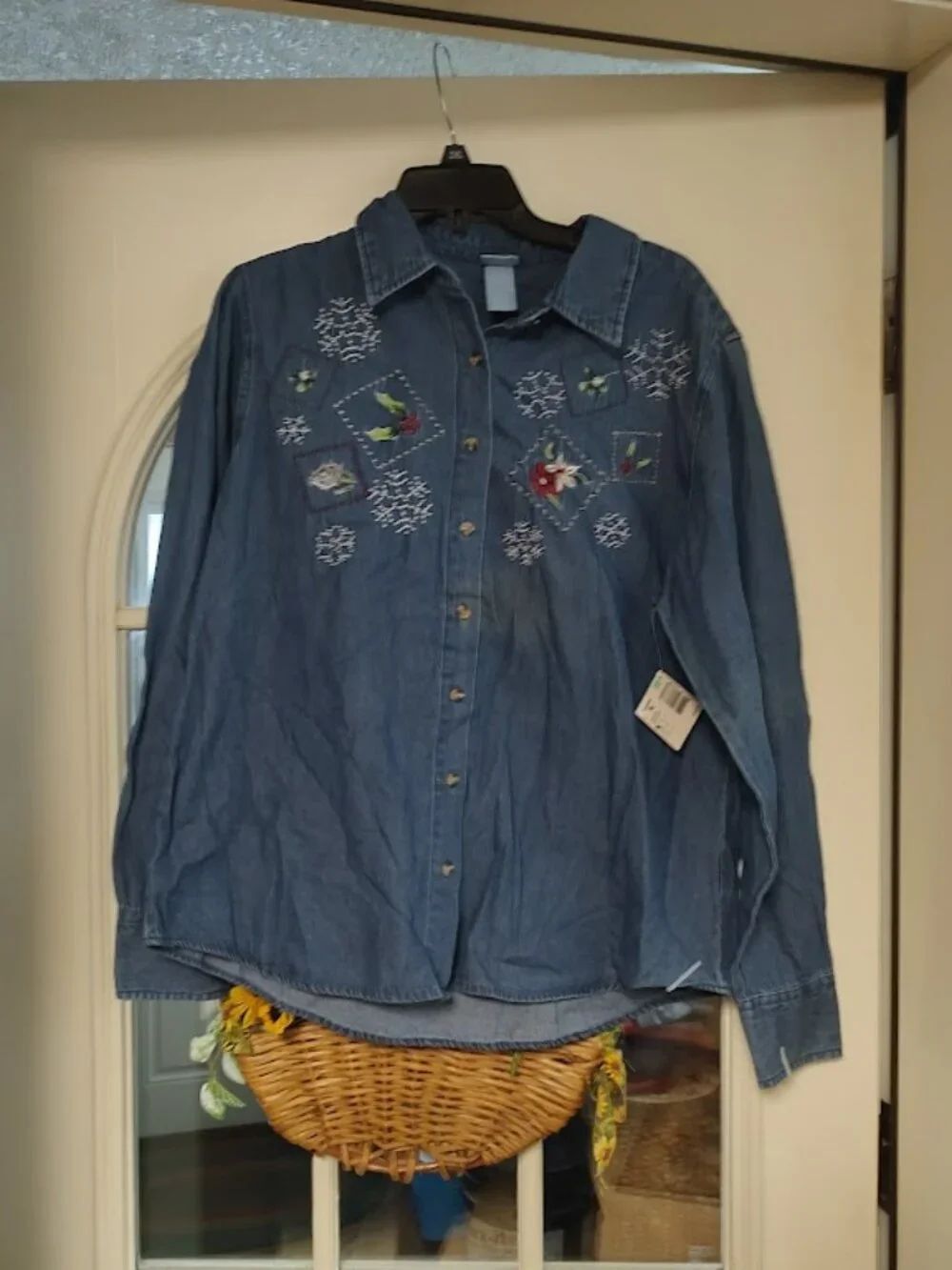 New Holiday Editions Blue Embroidered Long Sleeve Button Down Shirt Women's XL